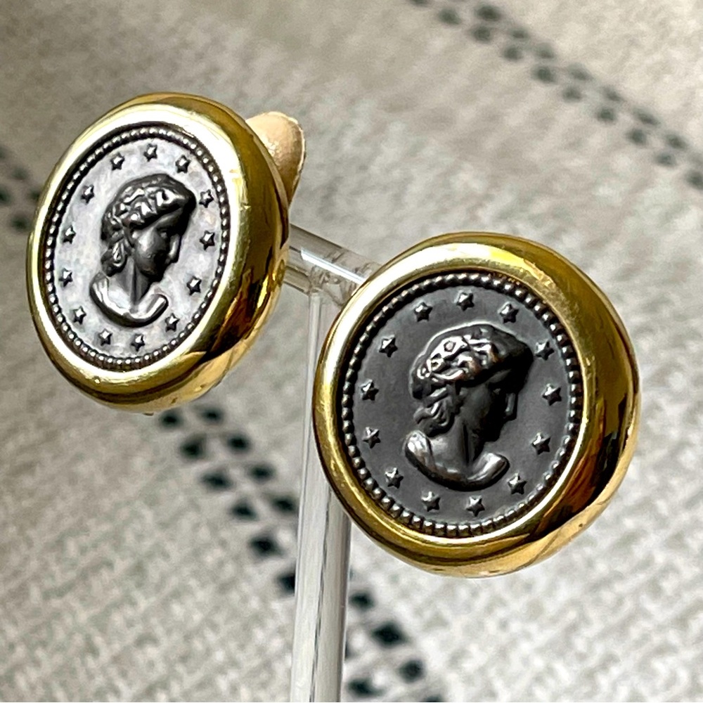 RARE FIND | VTG | Roman Head Bezel Set Bold Large Coin Clip on Earrings